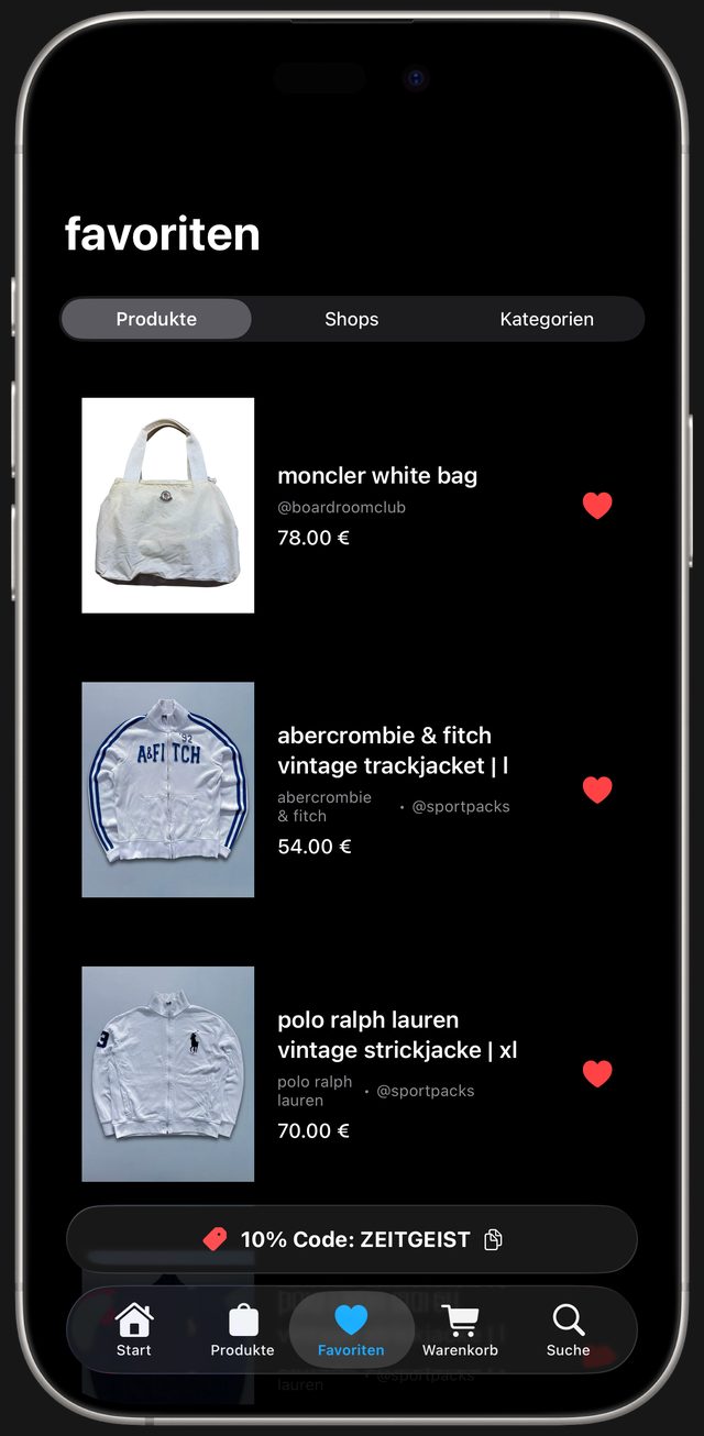 Zeitgeist App: Favoriten-Liste mit gespeicherten Vintage Pieces wie einer Ralph Lauren Strickjacke