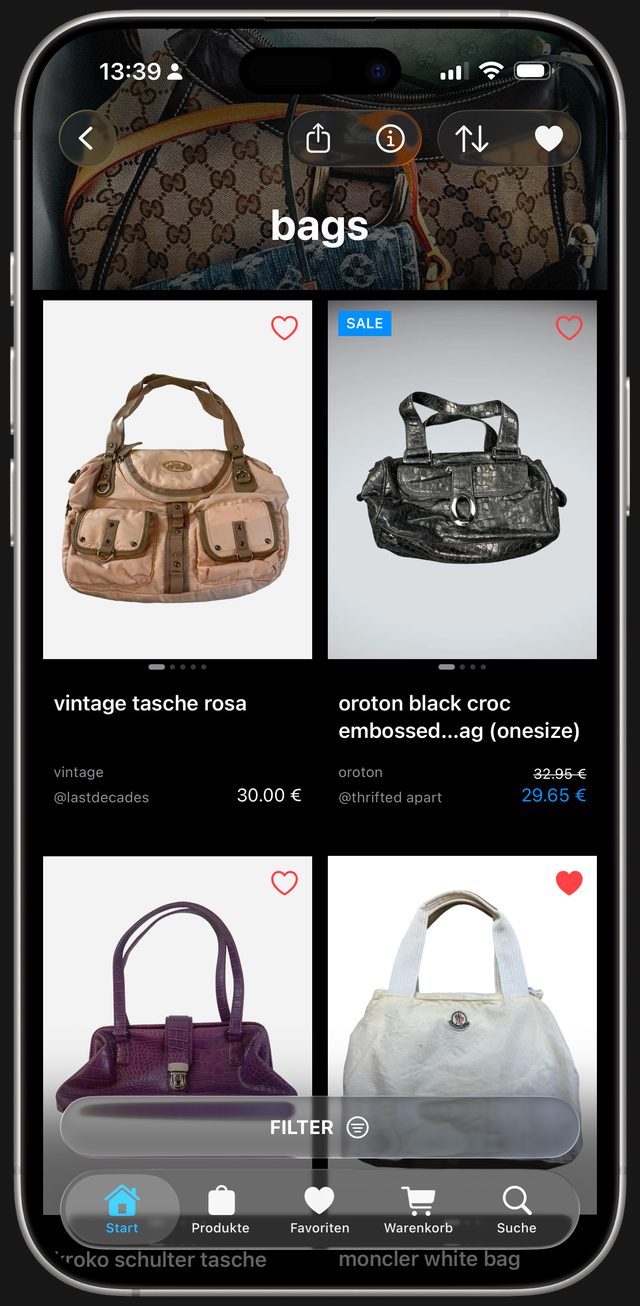 Zeitgeist App: Kategorie Taschen mit Vintage und Designer Bags von verschiedenen Shops und Filter