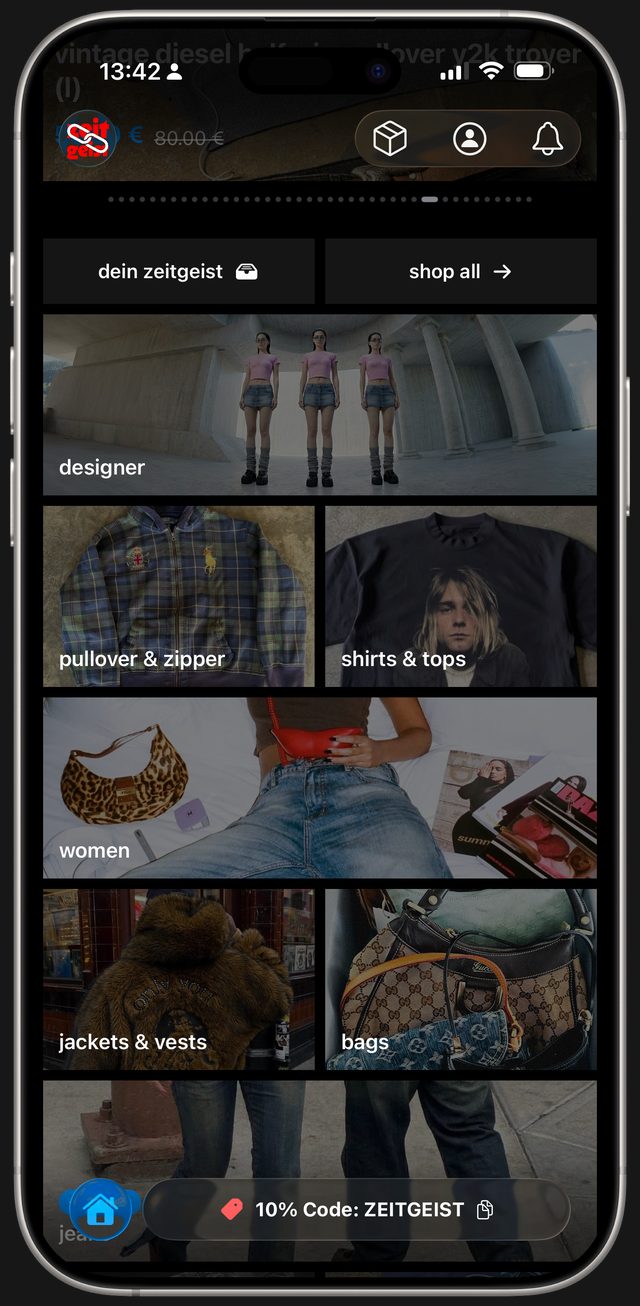 Zeitgeist App: Kategorien wie Designer, Pullover & Zipper, Shirts & Tops, Jacken und Taschen