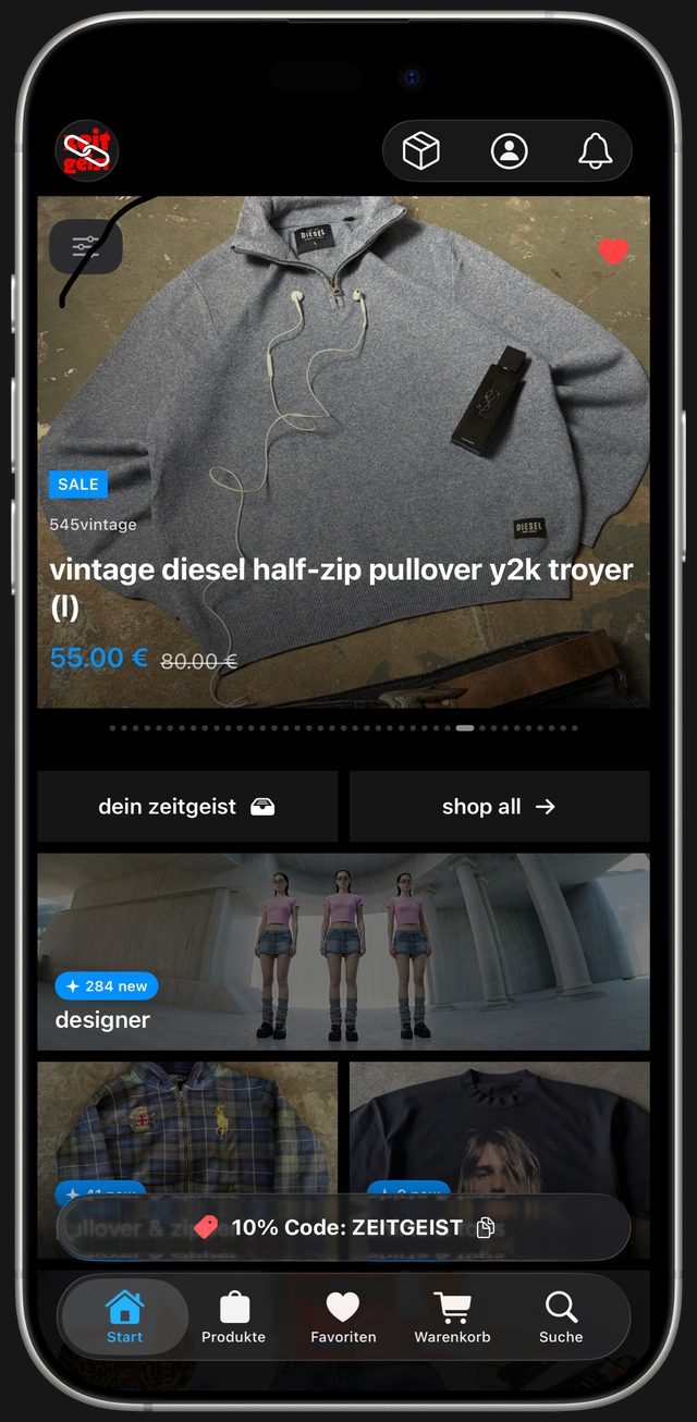 Zeitgeist App: Startseite mit persönlichem Feed, einem Vintage Diesel Half-Zip Pullover und Kategorien